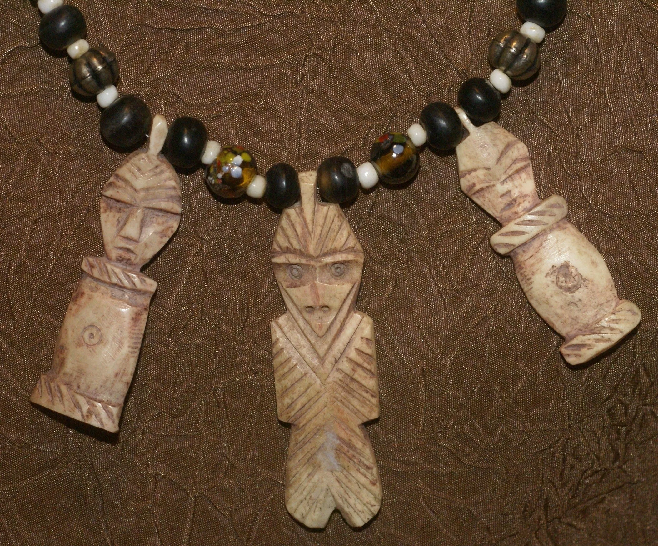 Unique Vintage Hand crafted Ethnic Glass Trade & Metal Beads Necklace with 3 Asian Buffalo Bone Hand Carved Pendants of Protective Ancestor Effigies, Borneo, Indonesia NECK27  1 Flapper Coconut necklace.