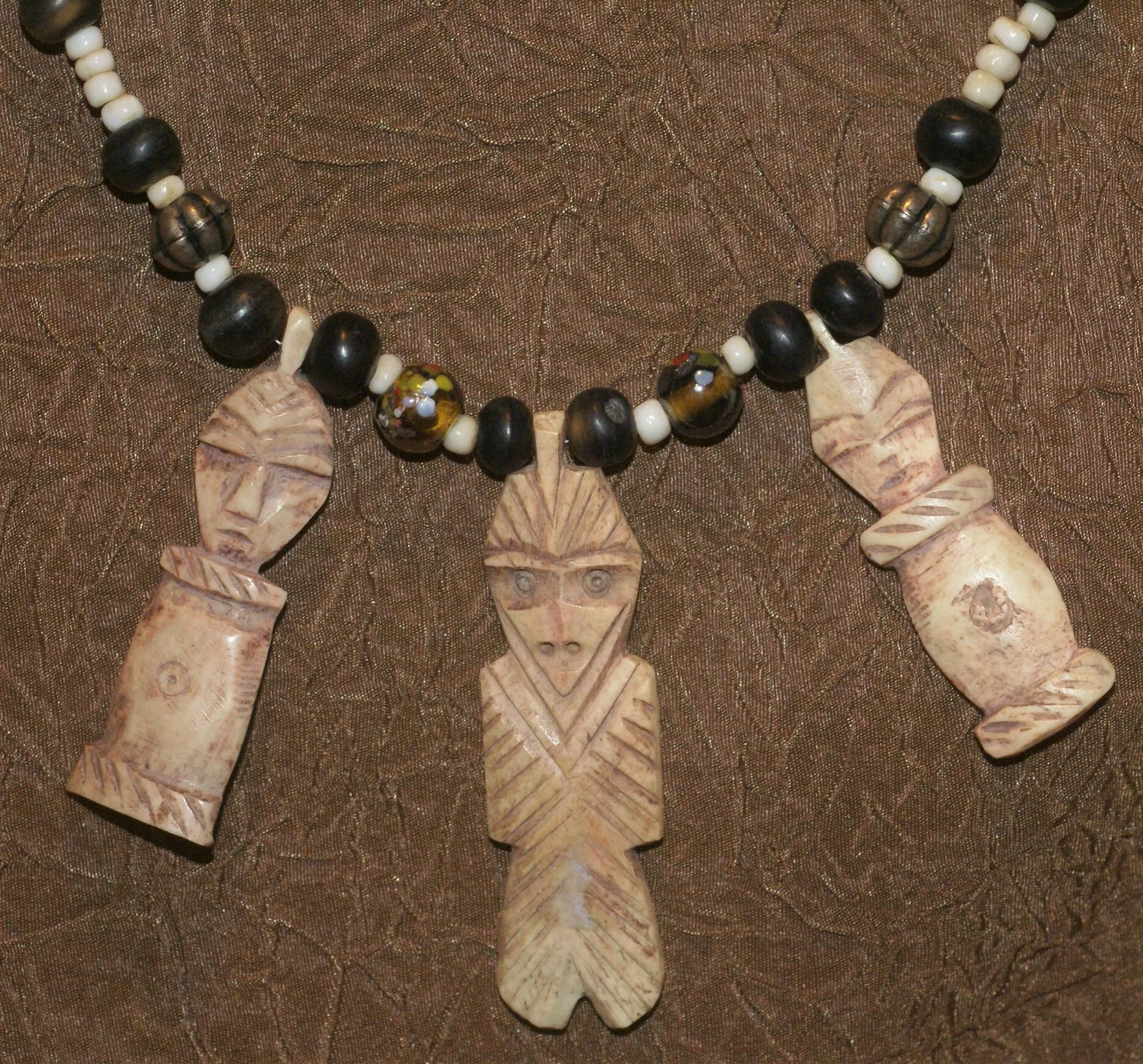 Unique Vintage Hand crafted Ethnic Glass Trade & Metal Beads Necklace with 3 Asian Buffalo Bone Hand Carved Pendants of Protective Ancestor Effigies, Borneo, Indonesia NECK27  1 Flapper Coconut necklace.