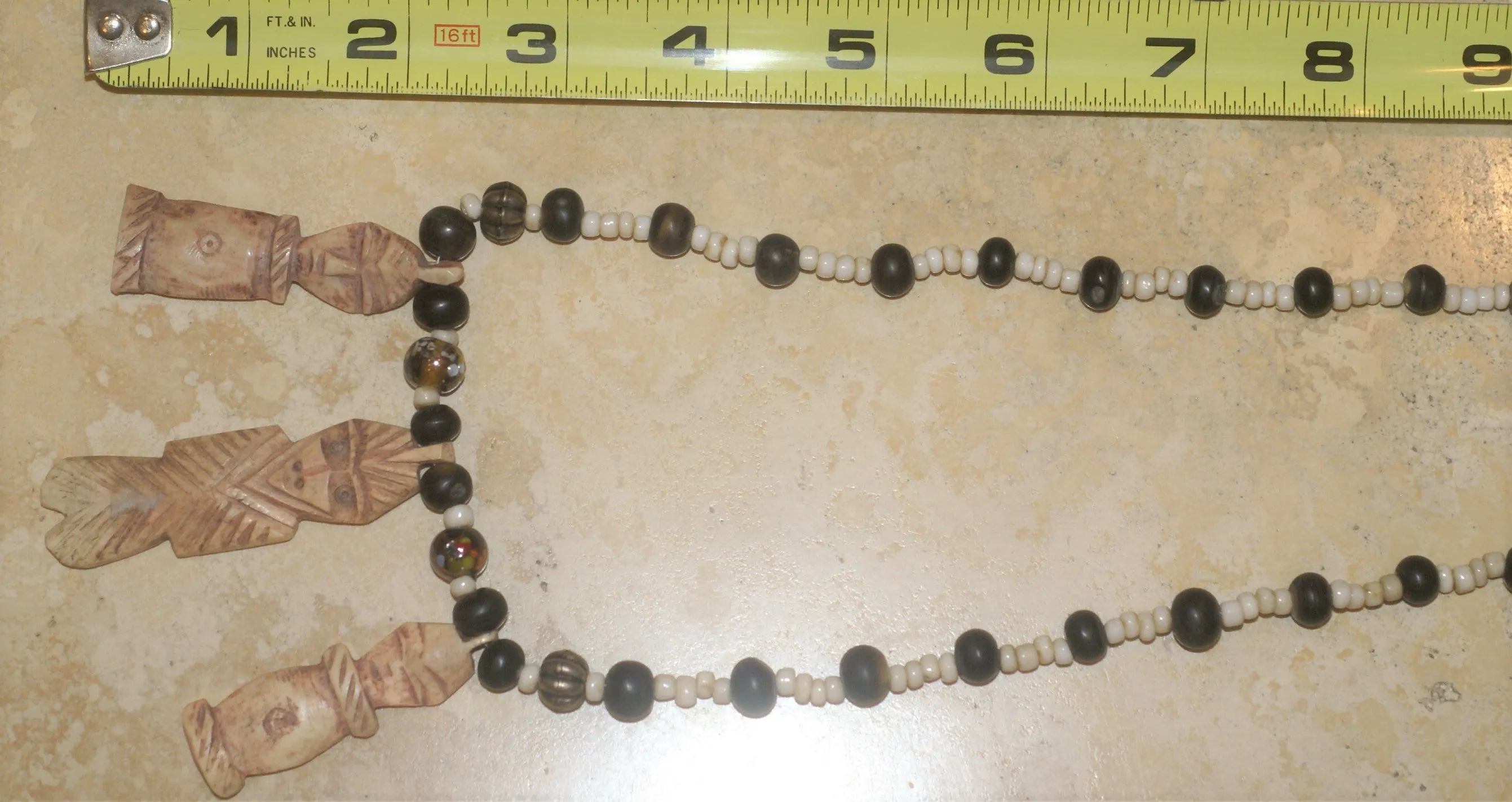 Unique Vintage Hand crafted Ethnic Glass Trade & Metal Beads Necklace with 3 Asian Buffalo Bone Hand Carved Pendants of Protective Ancestor Effigies, Borneo, Indonesia NECK27  1 Flapper Coconut necklace.