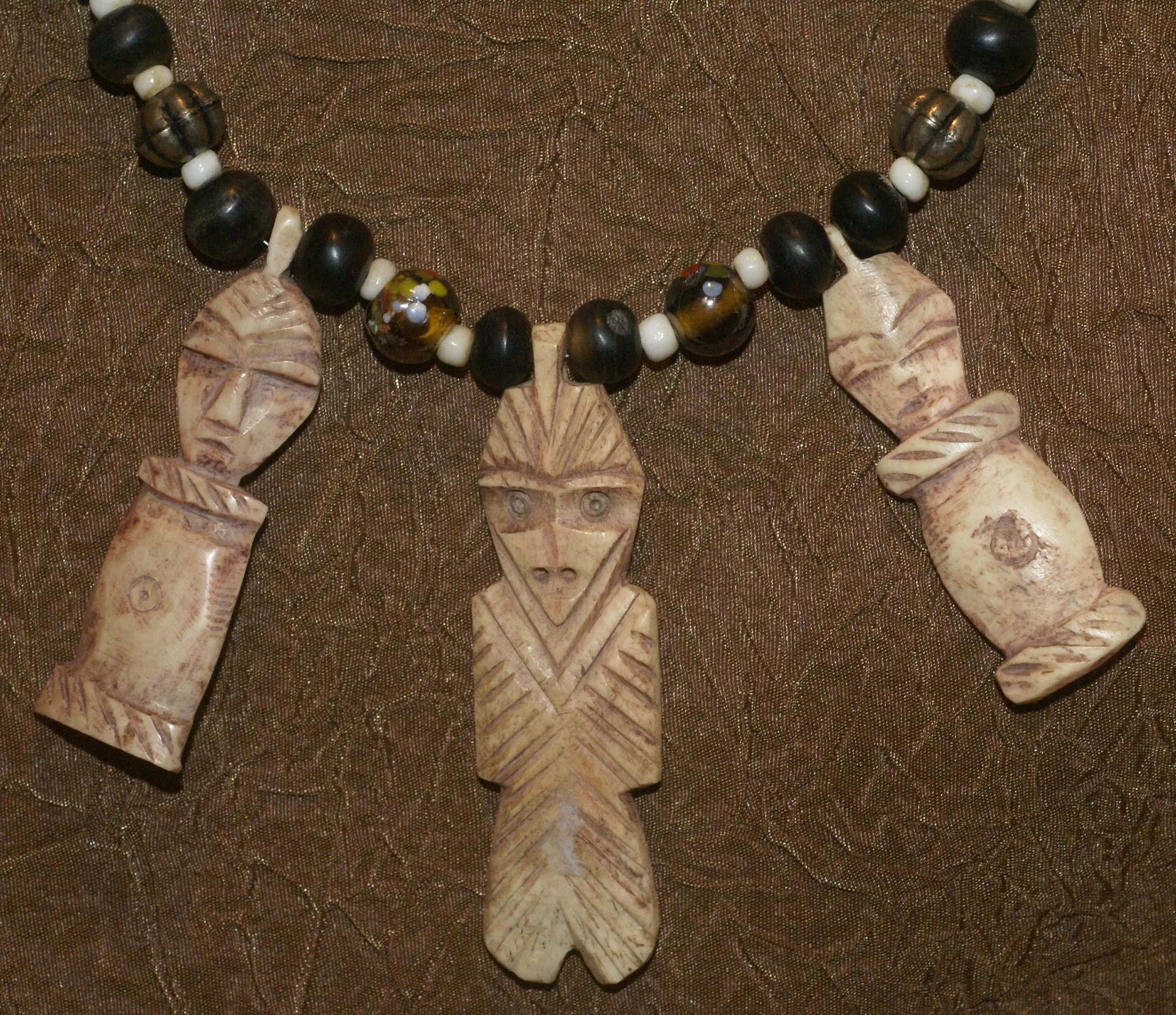 Unique Vintage Hand crafted Ethnic Glass Trade & Metal Beads Necklace with 3 Asian Buffalo Bone Hand Carved Pendants of Protective Ancestor Effigies, Borneo, Indonesia NECK27  1 Flapper Coconut necklace.