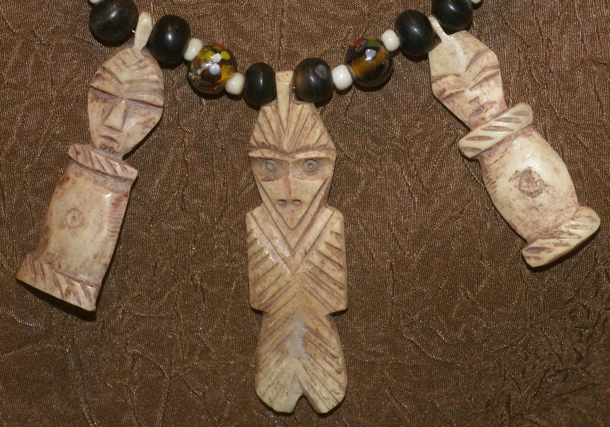 Unique Vintage Hand crafted Ethnic Glass Trade & Metal Beads Necklace with 3 Asian Buffalo Bone Hand Carved Pendants of Protective Ancestor Effigies, Borneo, Indonesia NECK27  1 Flapper Coconut necklace.