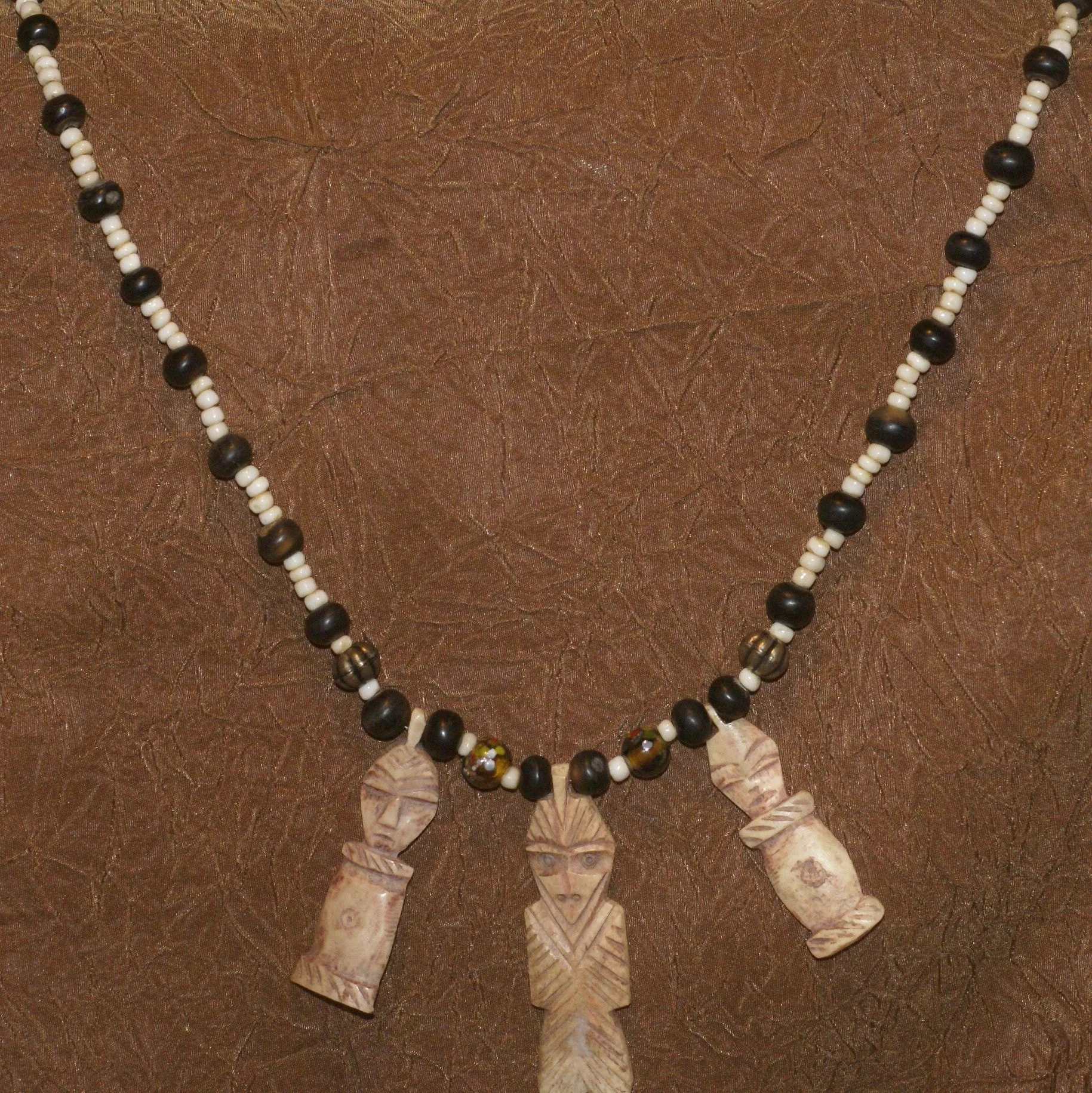 Unique Vintage Hand crafted Ethnic Glass Trade & Metal Beads Necklace with 3 Asian Buffalo Bone Hand Carved Pendants of Protective Ancestor Effigies, Borneo, Indonesia NECK27  1 Flapper Coconut necklace.
