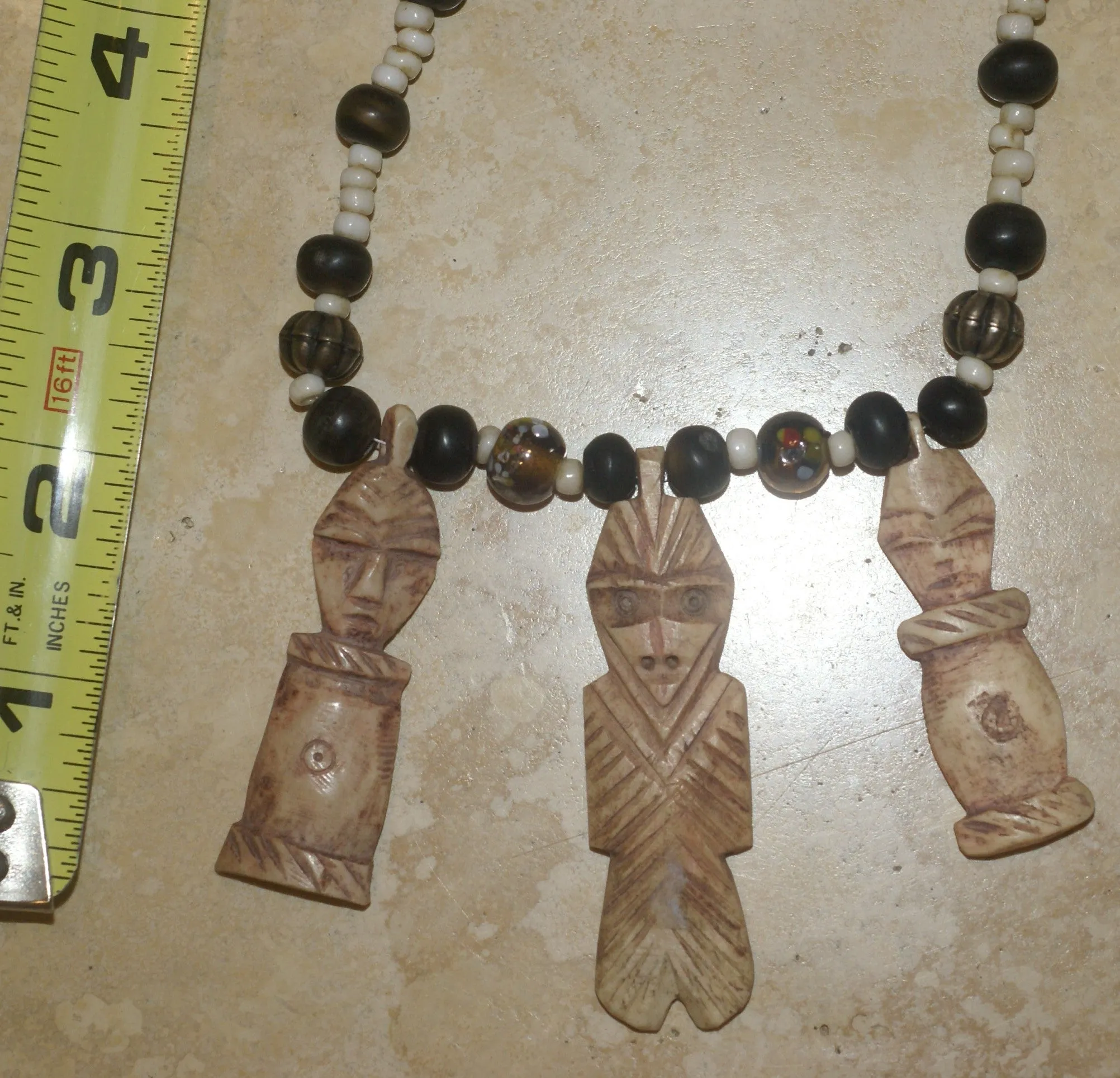 Unique Vintage Hand crafted Ethnic Glass Trade & Metal Beads Necklace with 3 Asian Buffalo Bone Hand Carved Pendants of Protective Ancestor Effigies, Borneo, Indonesia NECK27  1 Flapper Coconut necklace.