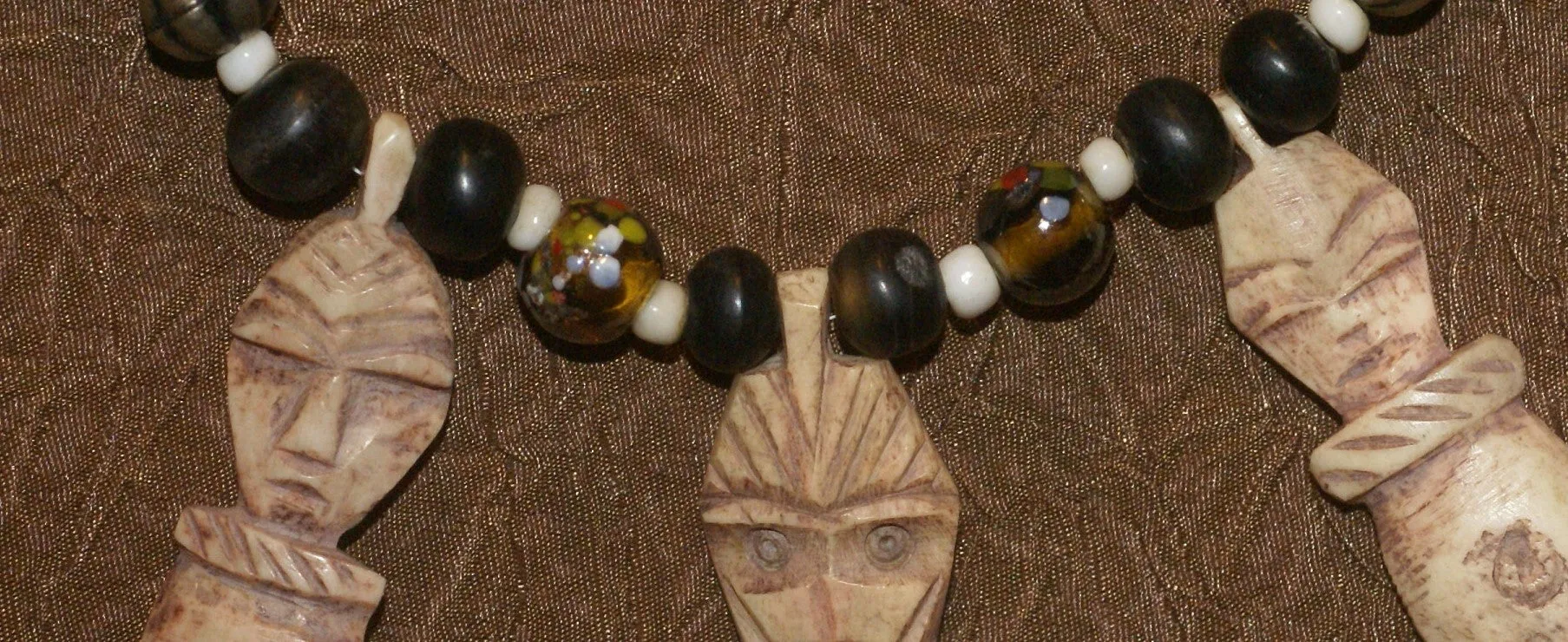 Unique Vintage Hand crafted Ethnic Glass Trade & Metal Beads Necklace with 3 Asian Buffalo Bone Hand Carved Pendants of Protective Ancestor Effigies, Borneo, Indonesia NECK27  1 Flapper Coconut necklace.