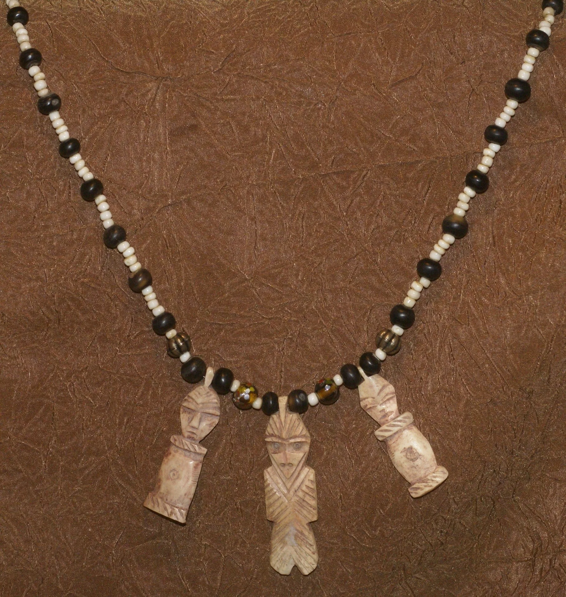 Unique Vintage Hand crafted Ethnic Glass Trade & Metal Beads Necklace with 3 Asian Buffalo Bone Hand Carved Pendants of Protective Ancestor Effigies, Borneo, Indonesia NECK27  1 Flapper Coconut necklace.
