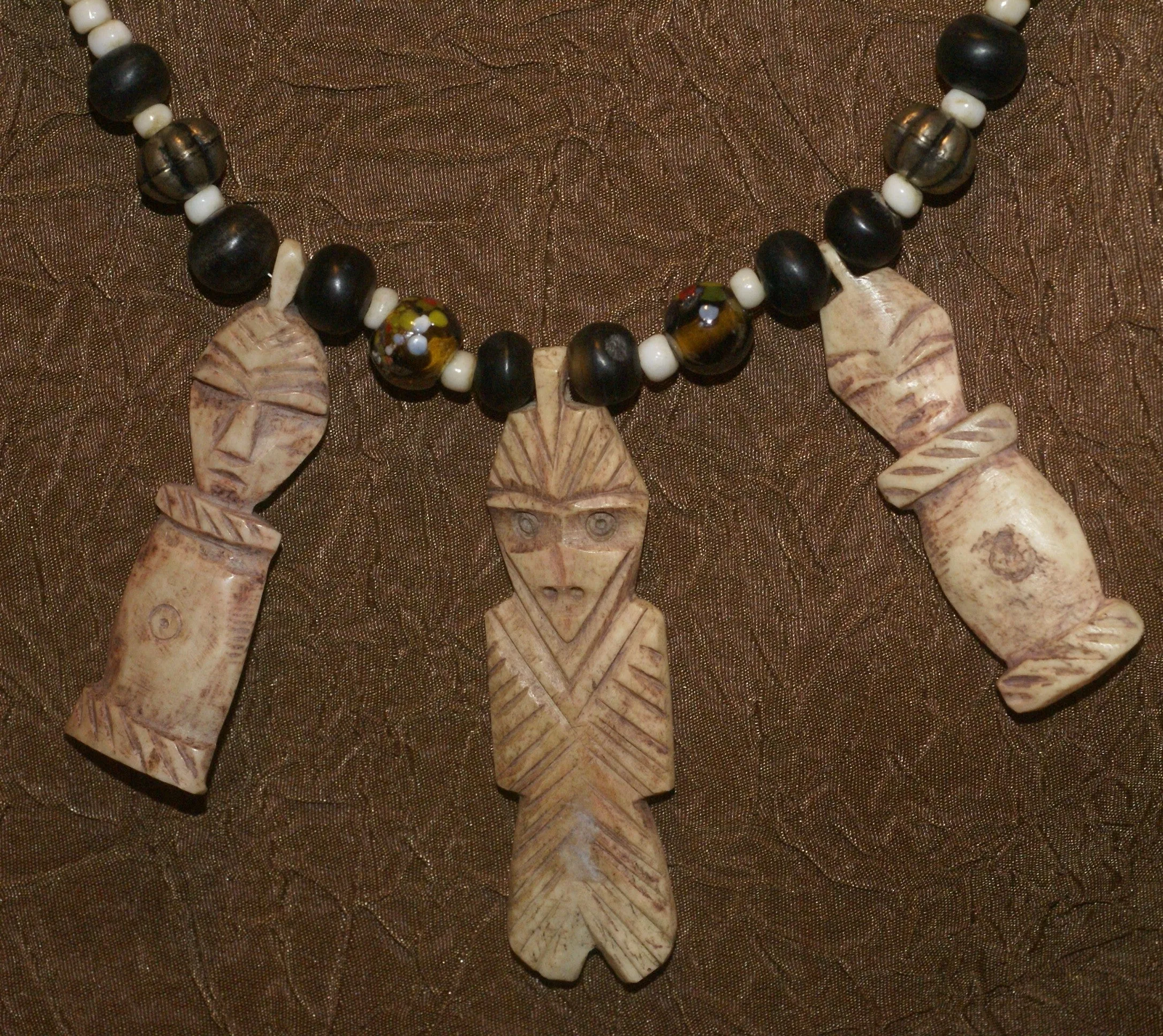 Unique Vintage Hand crafted Ethnic Glass Trade & Metal Beads Necklace with 3 Asian Buffalo Bone Hand Carved Pendants of Protective Ancestor Effigies, Borneo, Indonesia NECK27  1 Flapper Coconut necklace.