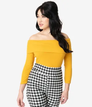Unique Vintage Mustard Off Shoulder Cowl Sleeved Nina Top