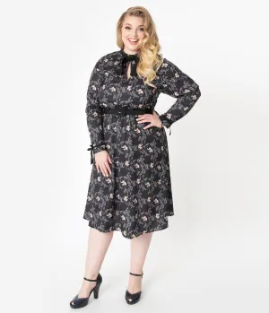 Unique Vintage Plus Size 1950s Black Elephant Print Vandella Swing Dress
