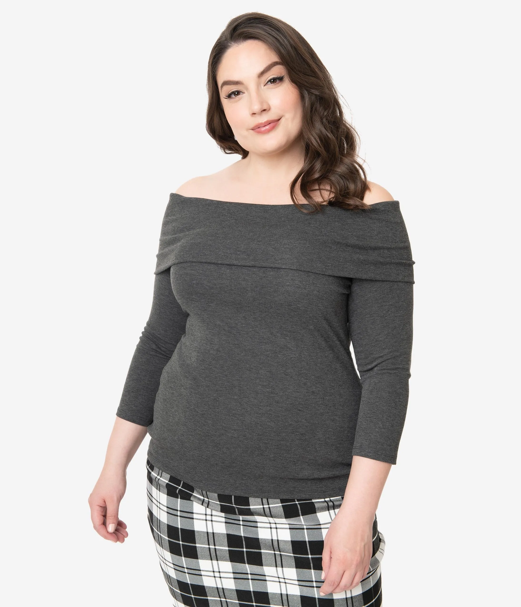 Unique Vintage Plus Size Dark Grey Off Shoulder Cowl Nina Top