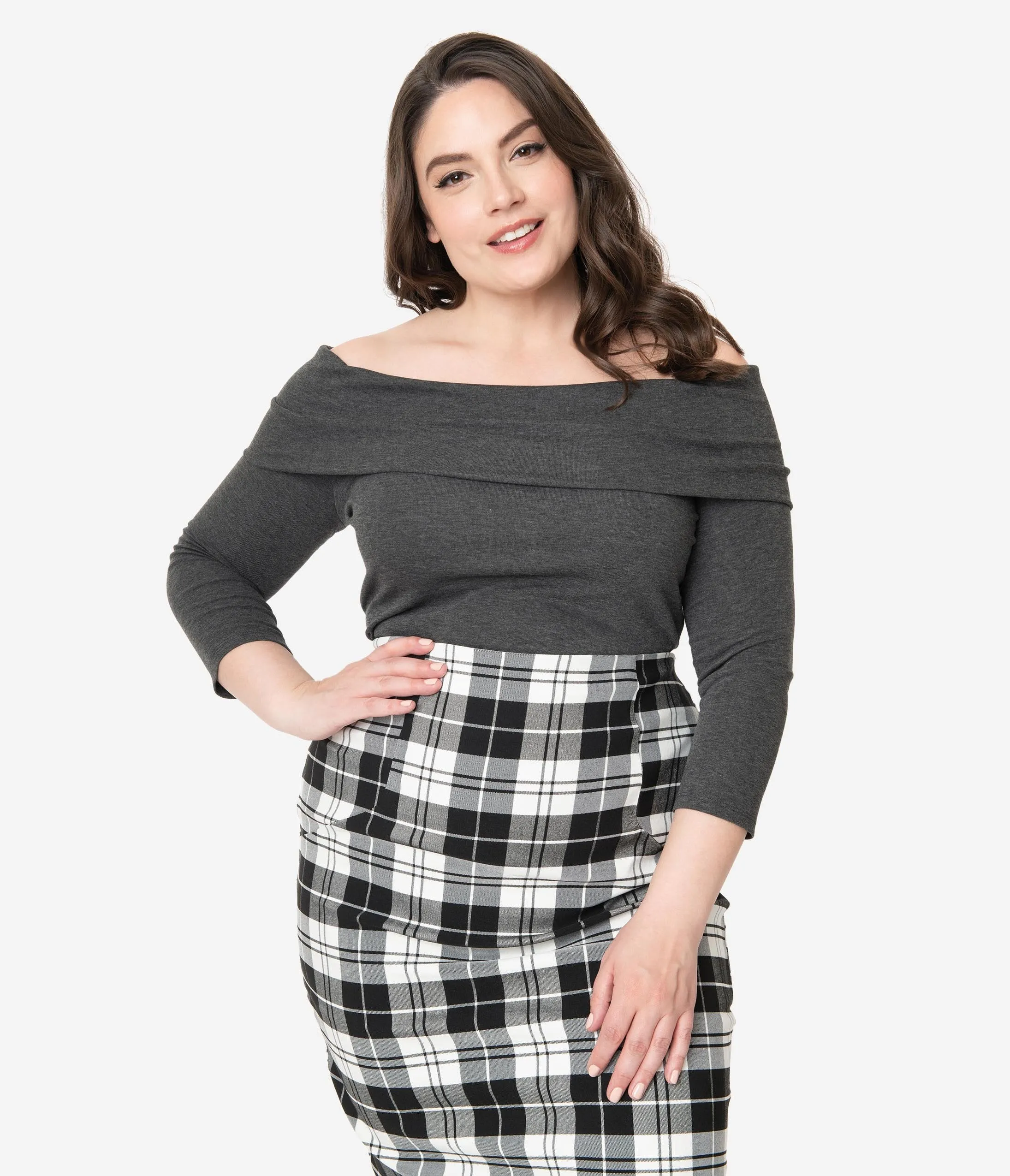 Unique Vintage Plus Size Dark Grey Off Shoulder Cowl Nina Top