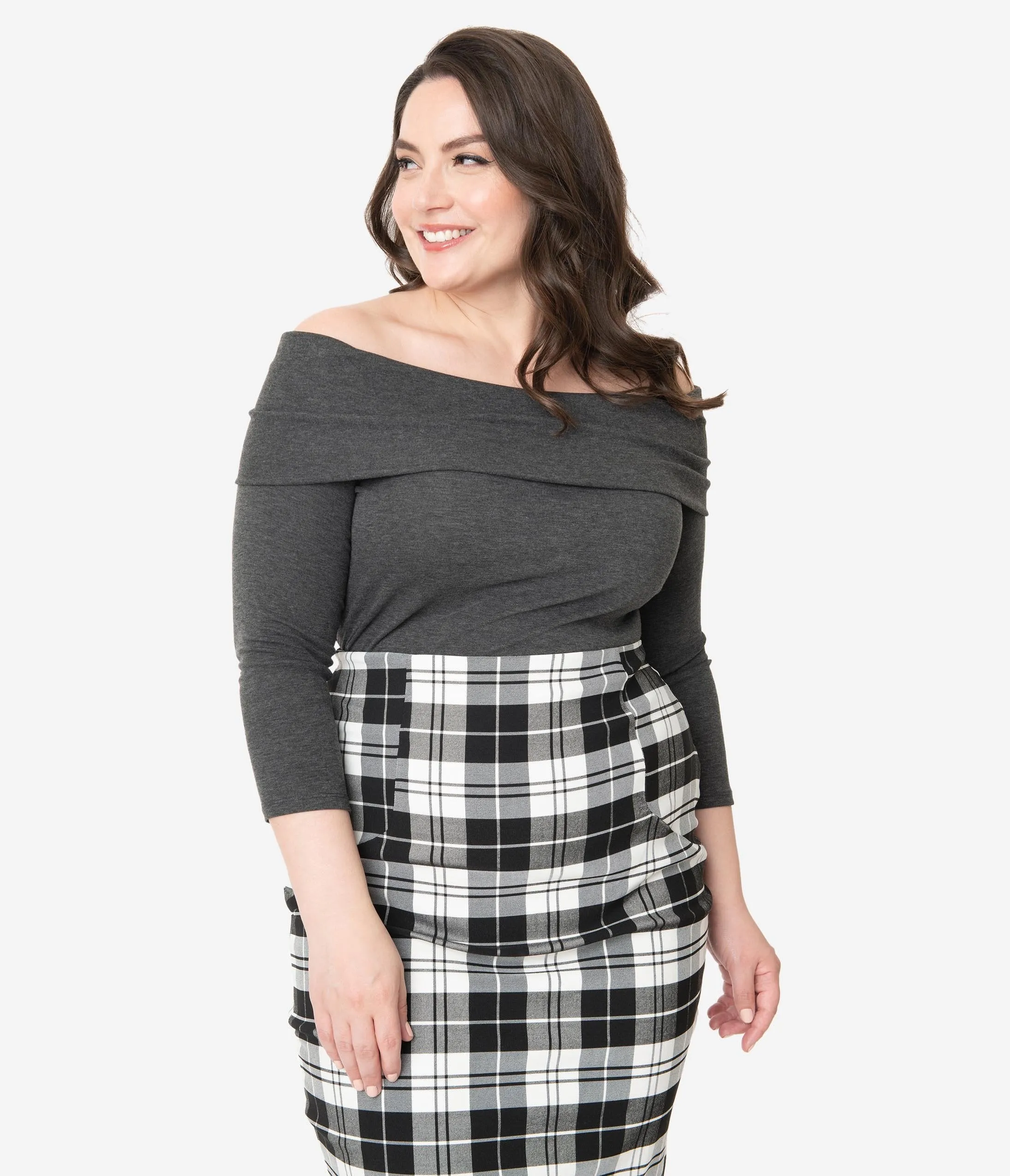 Unique Vintage Plus Size Dark Grey Off Shoulder Cowl Nina Top