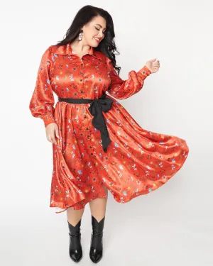 Unique Vintage Plus Size Rust Red & Western Print Shirtdress | Rust Red & Western Print