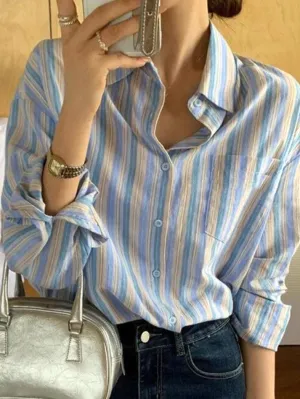 Uniwim ootd Contrast Color Striped Long Sleeve Blouse