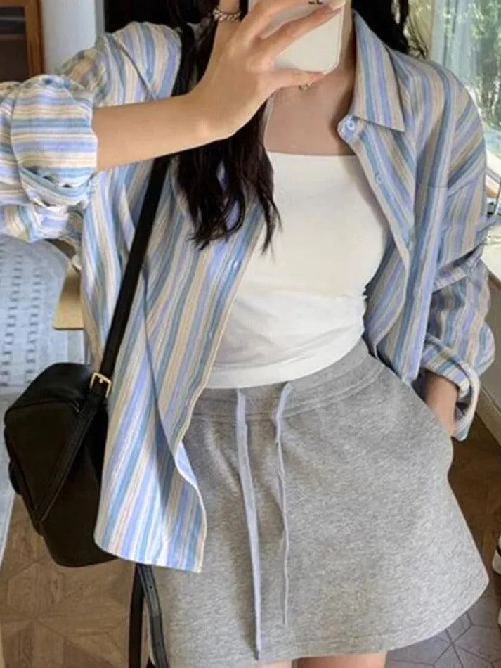 Uniwim ootd Contrast Color Striped Long Sleeve Blouse