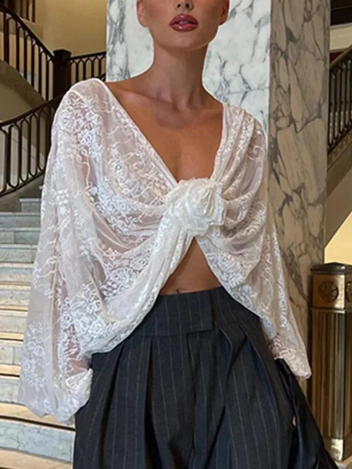 Uniwim ootd V Neck Lace Slit Long Sleeve Blouse