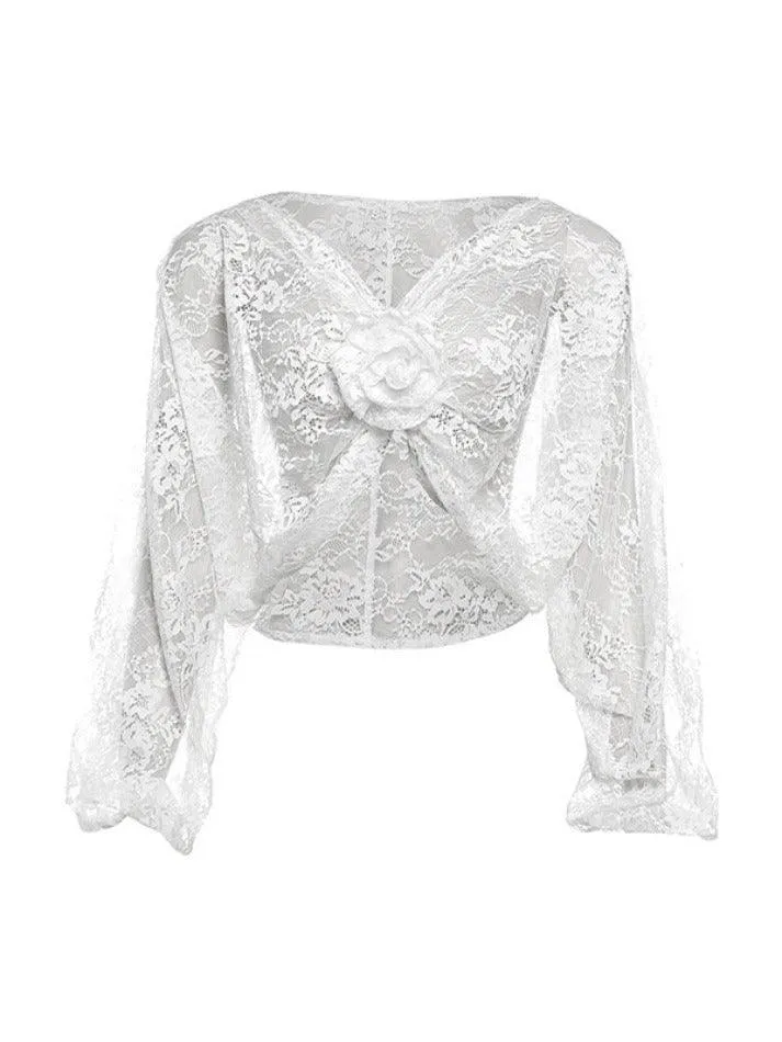 Uniwim ootd V Neck Lace Slit Long Sleeve Blouse