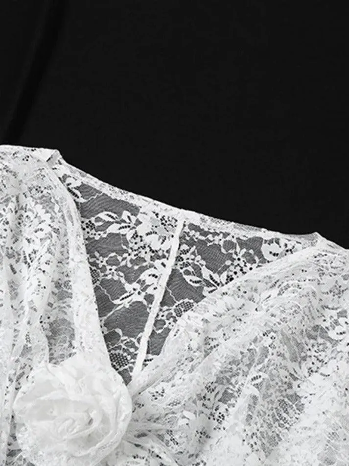 Uniwim ootd V Neck Lace Slit Long Sleeve Blouse