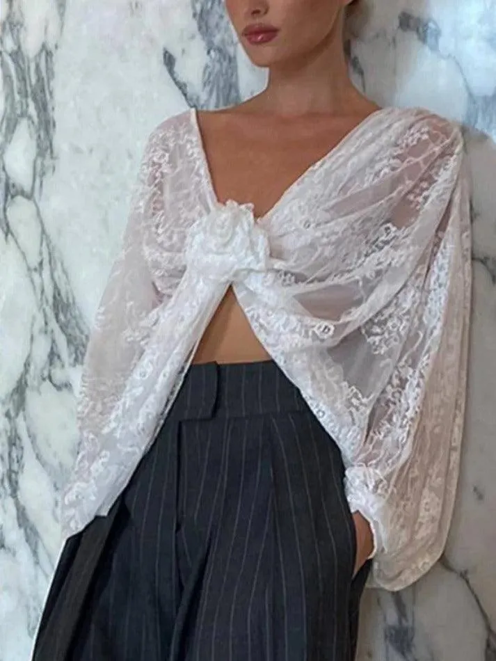 Uniwim ootd V Neck Lace Slit Long Sleeve Blouse
