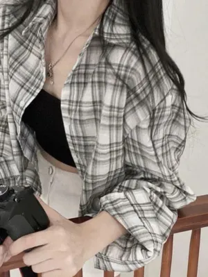 Uniwim ootd Vintage Plaid Short Loose Long Sleeve Blouse