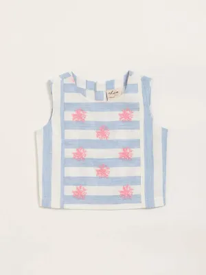 Utsa Kids Floral Embroidered Blue Striped Top (2 - 8yrs)