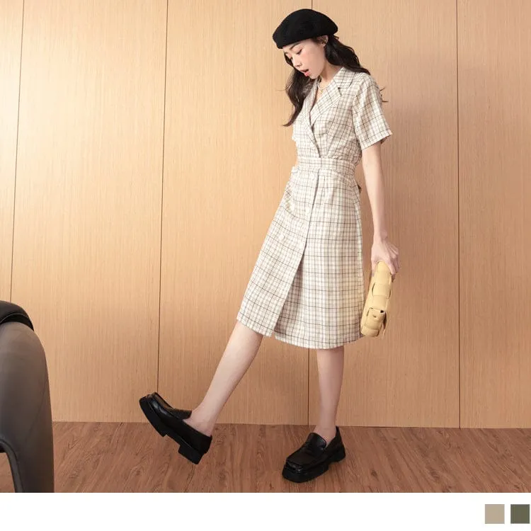 V-NECK CHECKED BUTTONS SUIT COLLAR MIDI DRESS