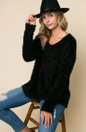 V-Neck Long Sleeve Fuzzy Sweater With Hi-Low Hemline | Black