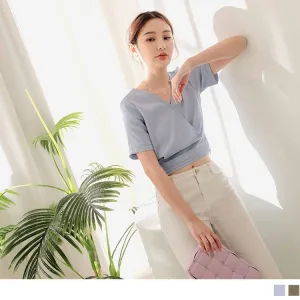 V-NECK PURE COLOR SHORT SLEEVE CROP TOPS