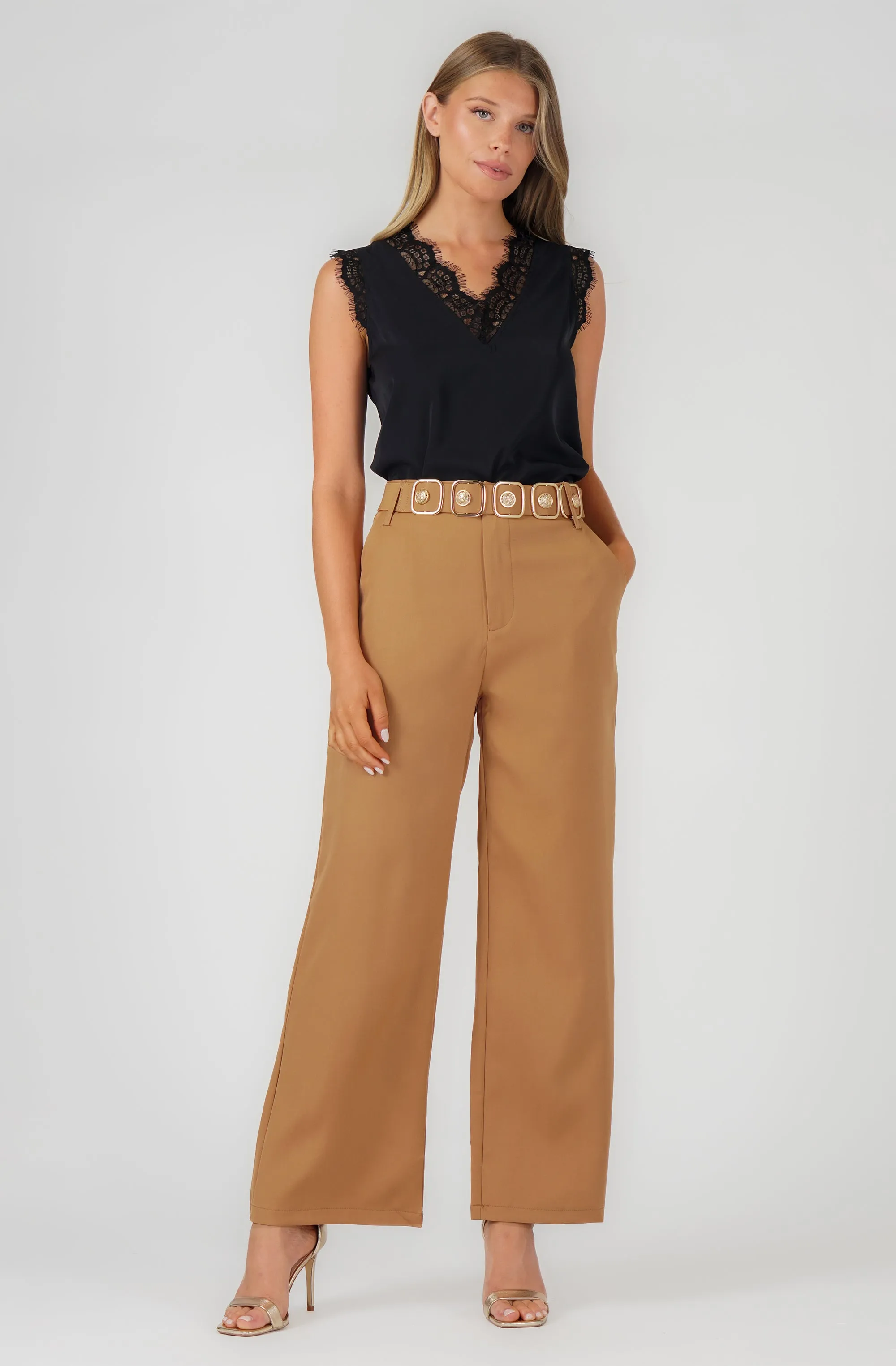 V-neck Satin Sleeveless Top with Lace Trim