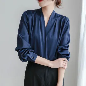 V-neck Satin Woven Blouse in French-Inspired Loose-Fit Design