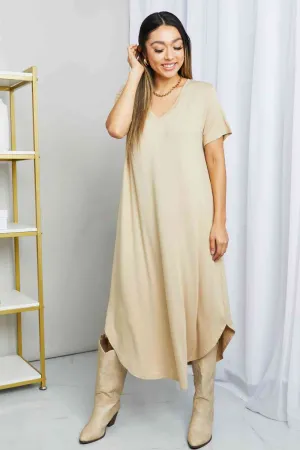 V-Neck Short Sleeve Curved Hem Dress in Caffe Latte