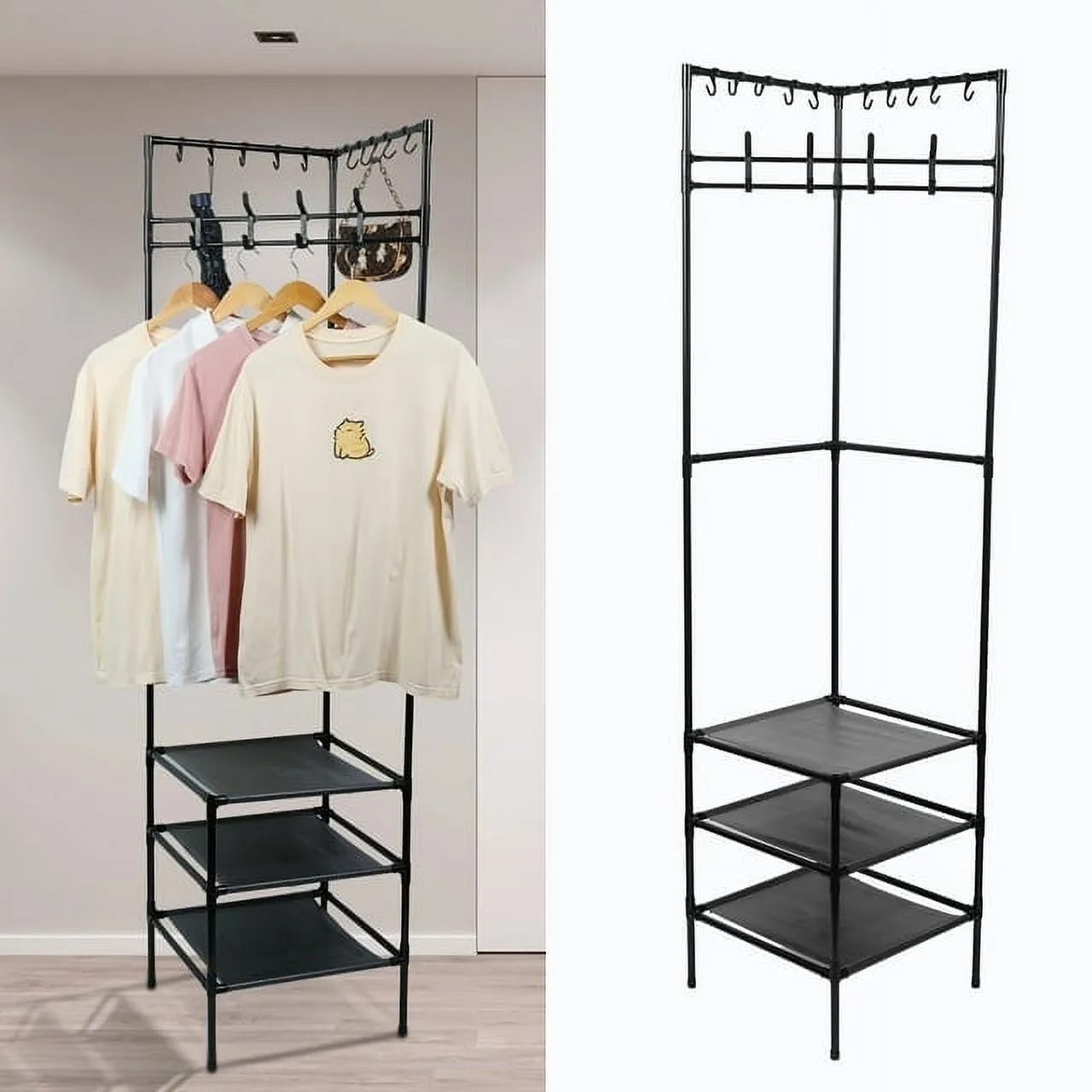 valiant Corner Hall Tree Freestanding Coat Rack with 3 Tier Shoes Rack Storage and 10 Movable Hooks Metal Entryway Coat Rack Waterproof Corner Coat Rack Practical Entryway Corner Organizer Coat Rack for Home