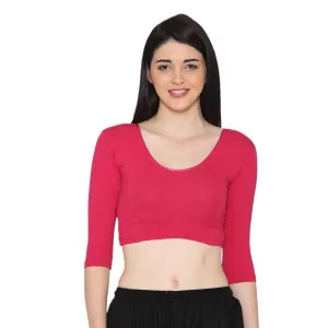 Vami Women's 3/4 Length Cotton Stretchable Readymade Plain Blouse - Fuchsia