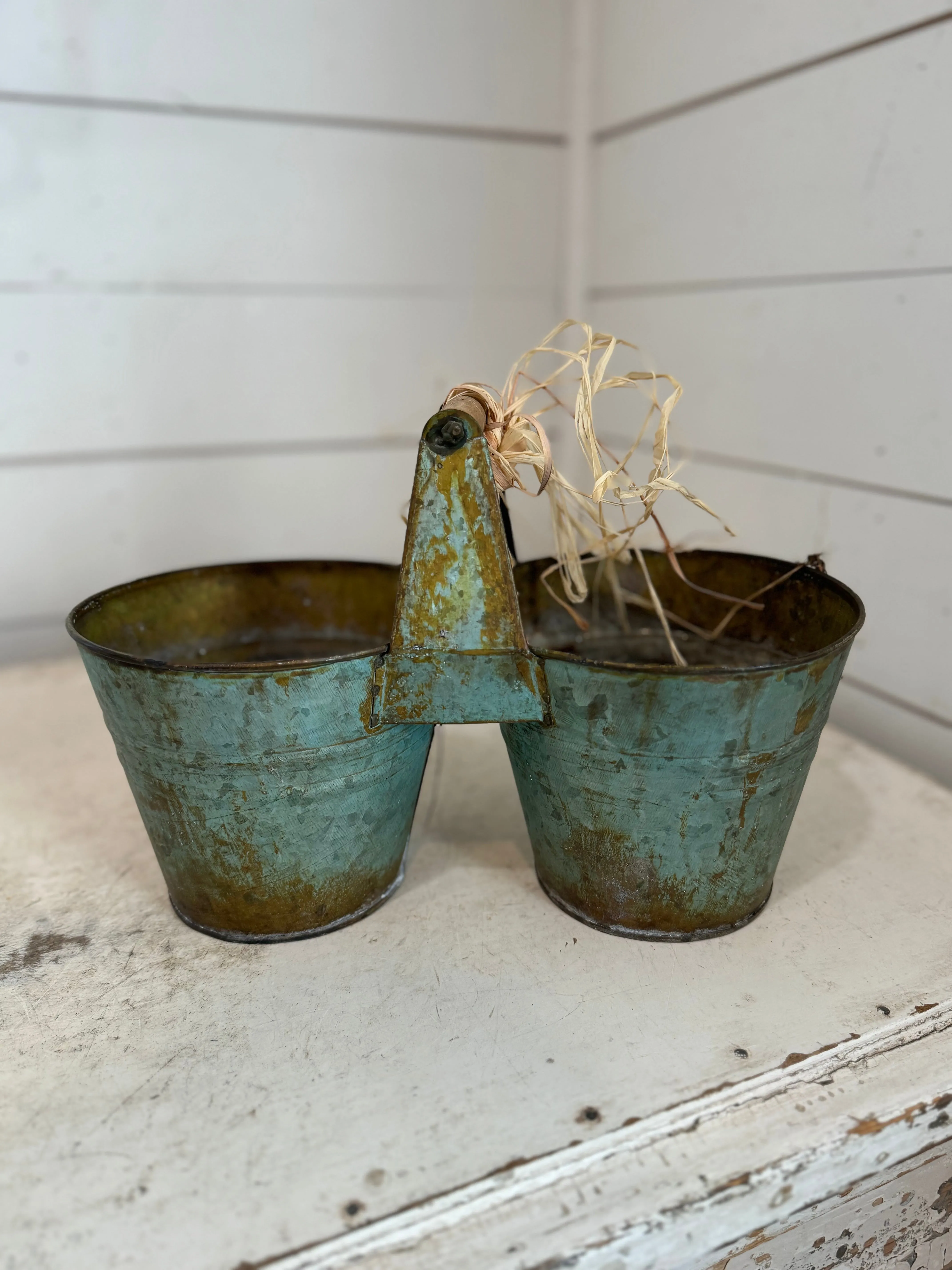 Verdigris Tin Double Planter w/ Handle
