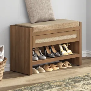 versatile Rattan Shoe Storage Bench with Cushion & Drawer, Boho Bench, 38 Lb Limit