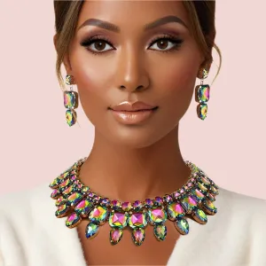 Vibrant Gold-Tone Pink Green Crystal Bib Necklace and Earrings Set