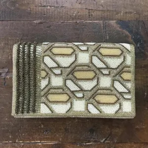 Vintage Art Deco Beaded Clutch by Walborg. Cream Gold and Black Beaded Evening Bag.