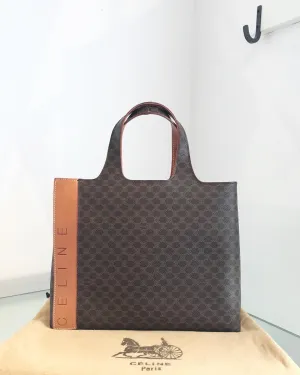 Vintage CELINE Brown Macadam Canvas Leather Handle Bag