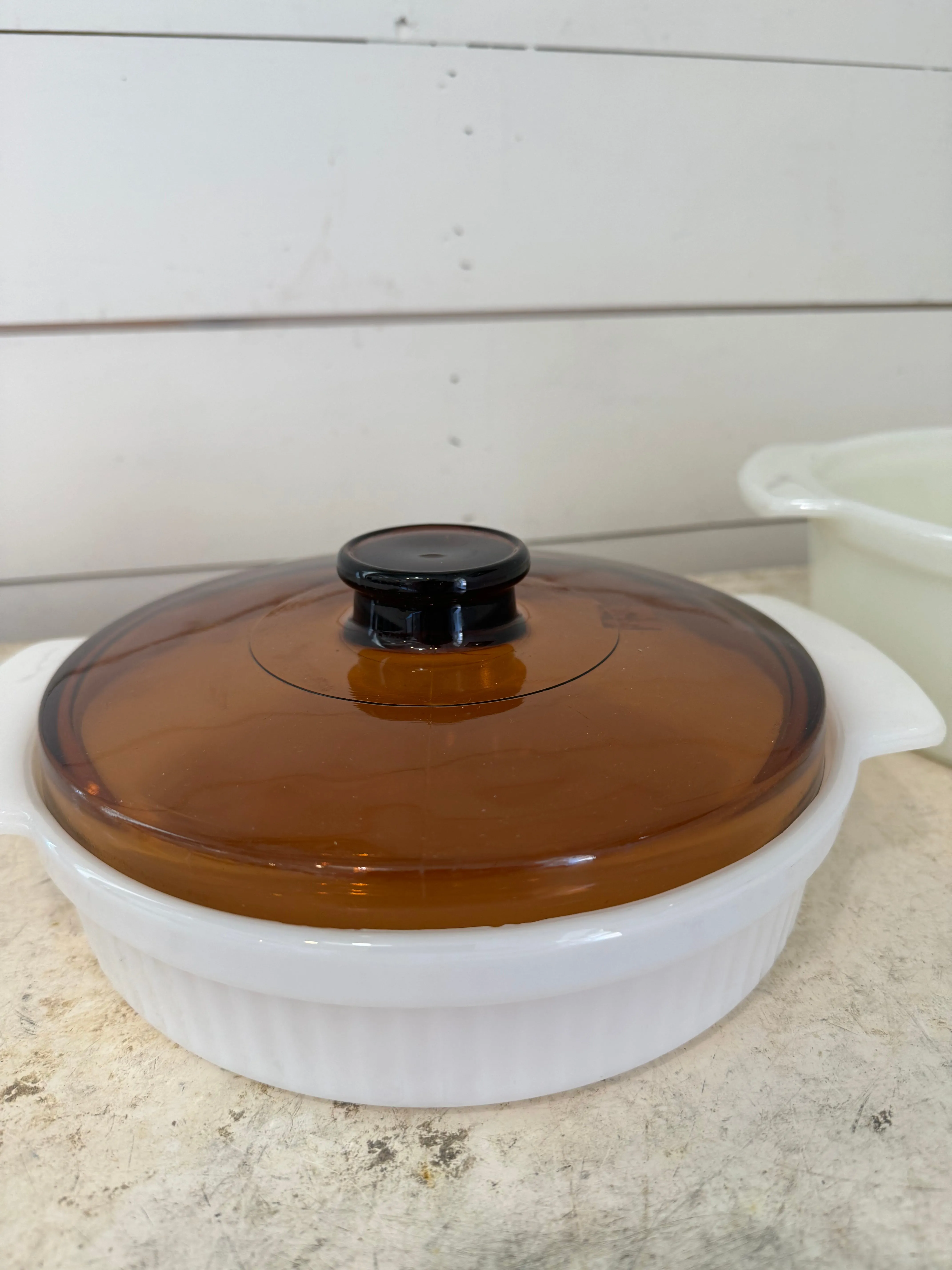 Vintage Fire King White Ribbed Baking Dish with Lid, Anchor Hocking - Sold individually