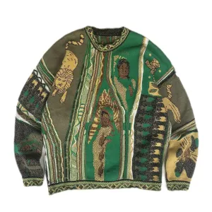 Vintage Japan Color Contrast Retro Style Portrait Print Knitted Sweater - Loose Long Sleeve Pullover