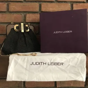 Vintage Judith Leiber Black Leather Evening Bag / Clutch. Gold Trim. Original Dust Bag and Box.