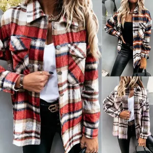 Vintage Plaid Women Blouse Winter Long Sleeve Casual Blazer Shirts Casual Loose Pocket Single Breasted Patchwork Female Top