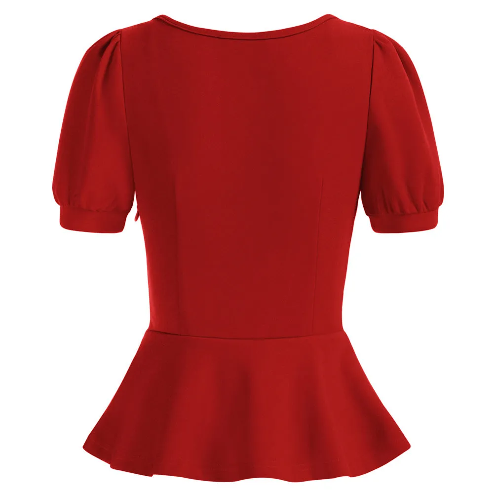 Vintage Ruched Tops Puffed Short Sleeve Peplum Hem A-Line Tops⏰Flash Sale