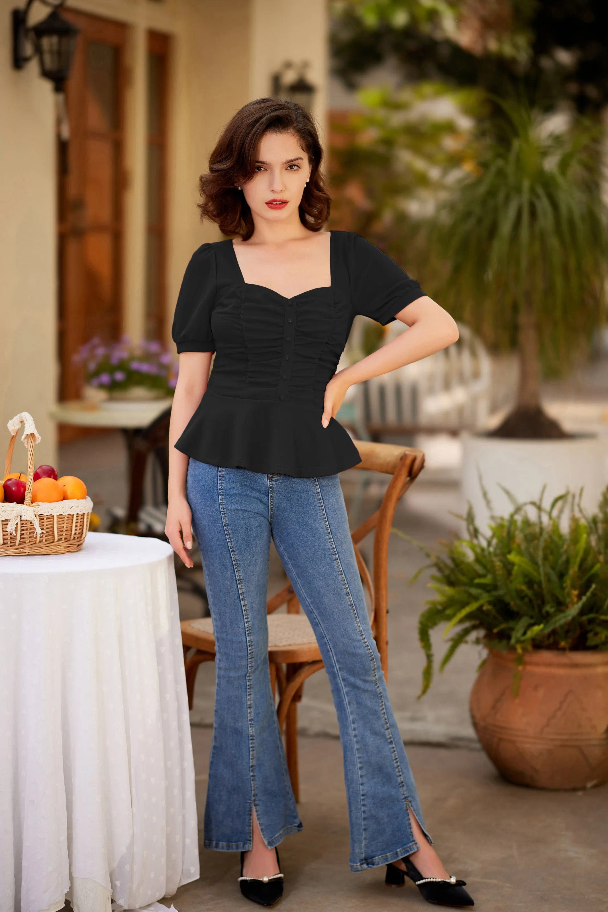 Vintage Ruched Tops Puffed Short Sleeve Peplum Hem A-Line Tops⏰Flash Sale