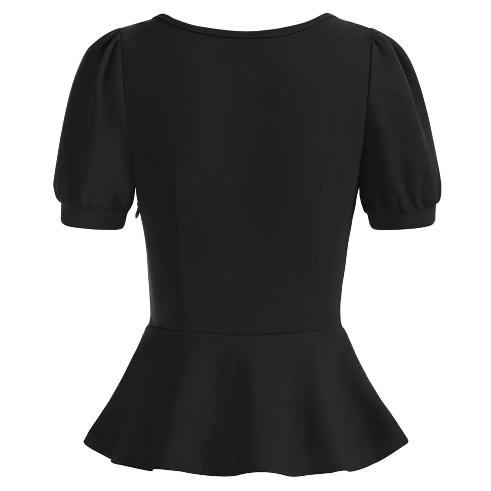 Vintage Ruched Tops Puffed Short Sleeve Peplum Hem A-Line Tops⏰Flash Sale
