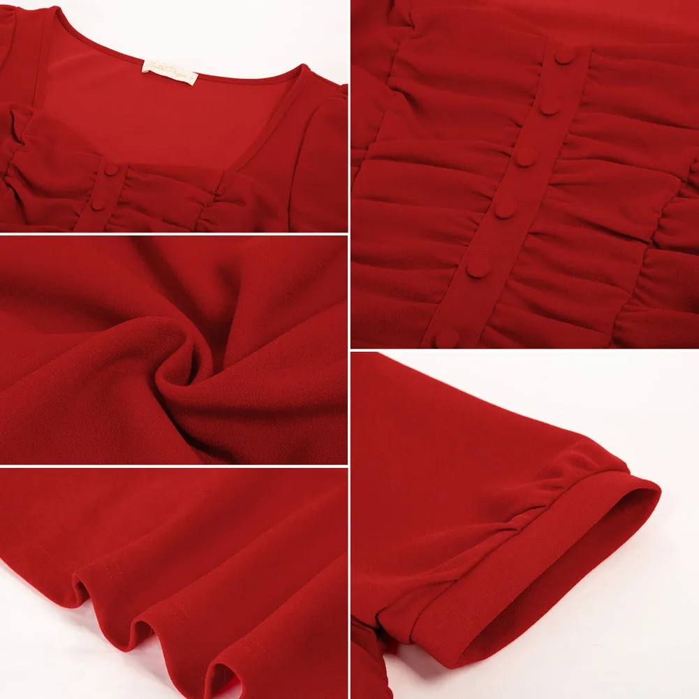 Vintage Ruched Tops Puffed Short Sleeve Peplum Hem A-Line Tops⏰Flash Sale