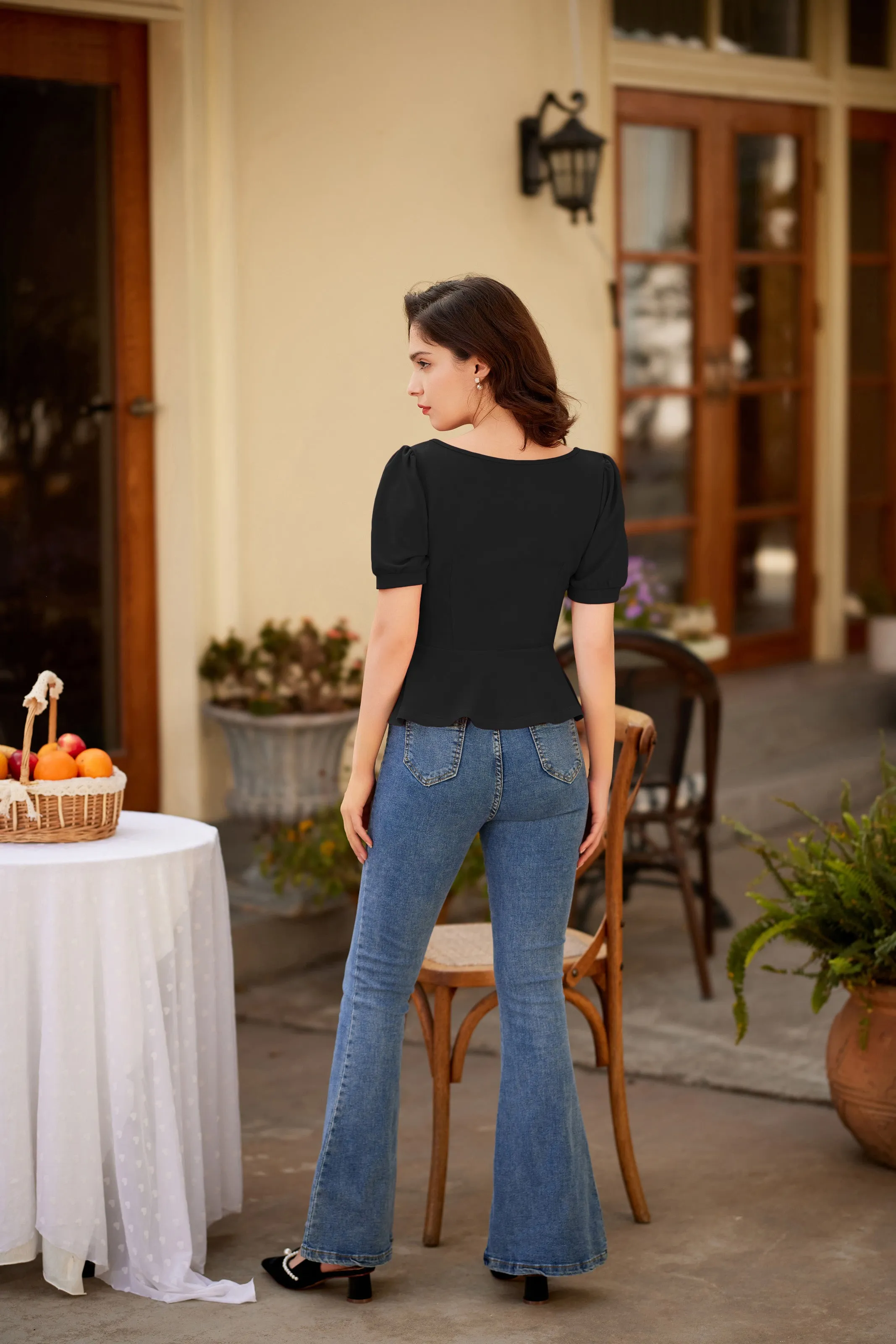 Vintage Ruched Tops Puffed Short Sleeve Peplum Hem A-Line Tops⏰Flash Sale