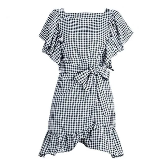 Vintage Slash Neck Plaid Ruffle Short Summer Dress