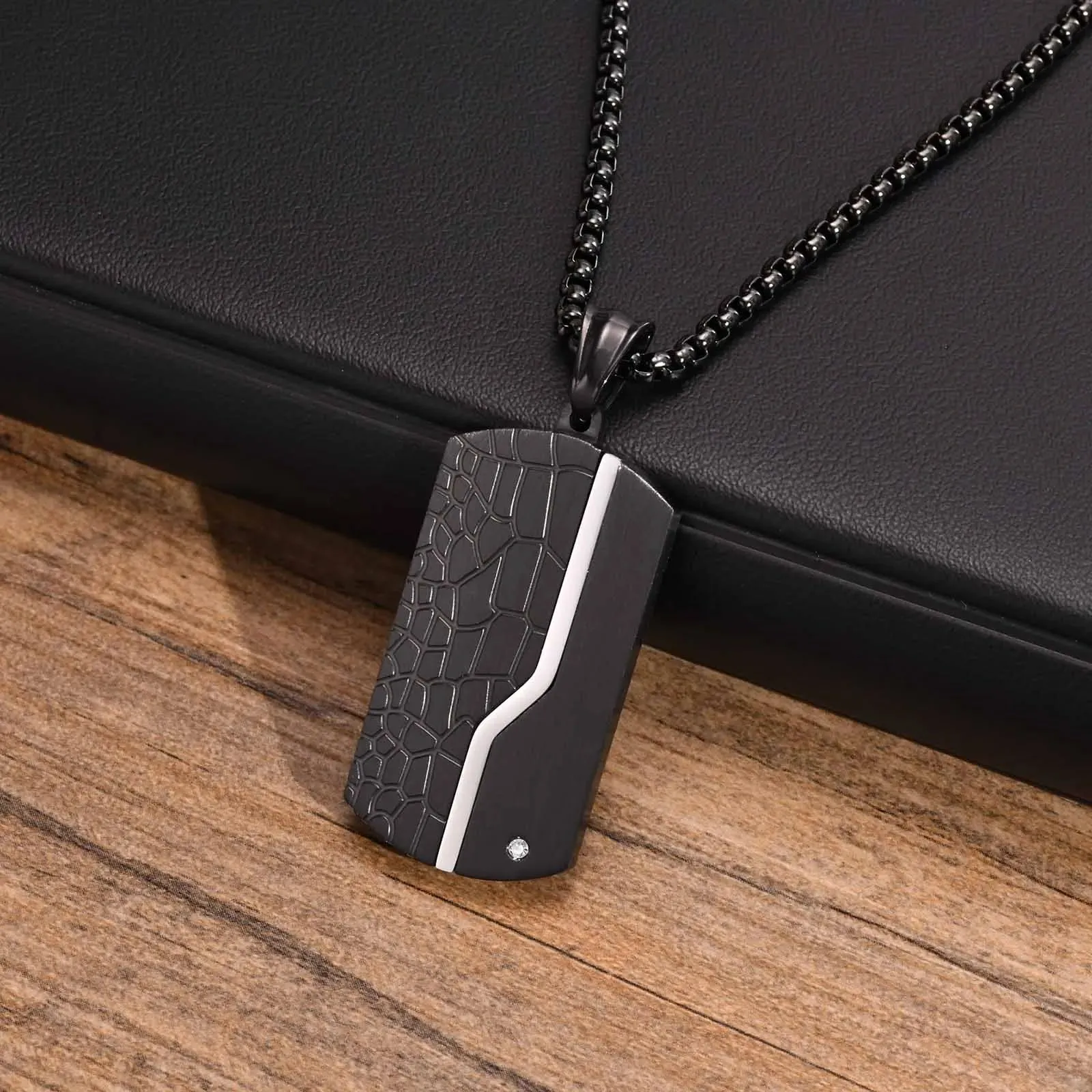Vnox Stylish Dog Tag Neklaces for Men Jewelry, Waterproof Stainless Steel Geometric Pendant with CZ Stone,Free Box Chain