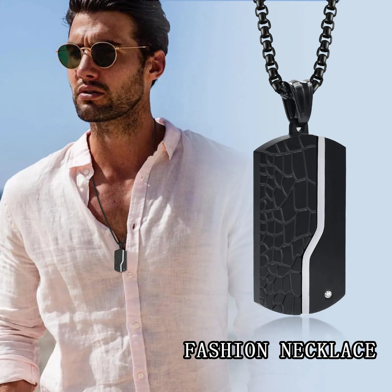 Vnox Stylish Dog Tag Neklaces for Men Jewelry, Waterproof Stainless Steel Geometric Pendant with CZ Stone,Free Box Chain