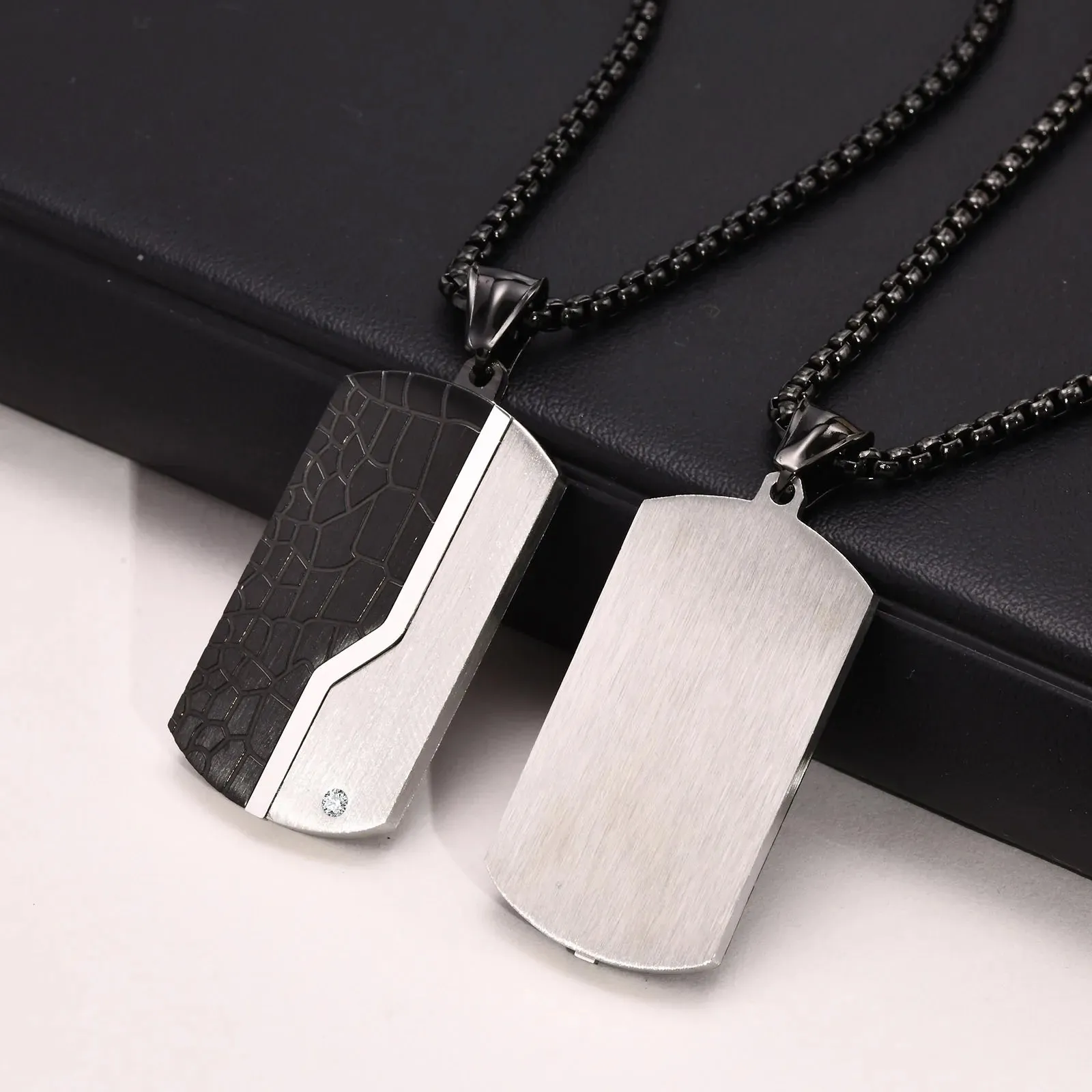 Vnox Stylish Dog Tag Neklaces for Men Jewelry, Waterproof Stainless Steel Geometric Pendant with CZ Stone,Free Box Chain
